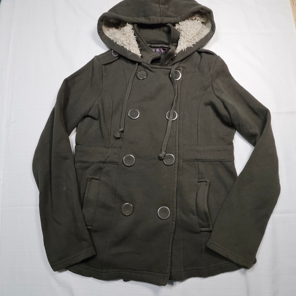 JJ‎ Basics Double Breasted Fleece Lined Hoodie Jacket Dark Olive Green Size S